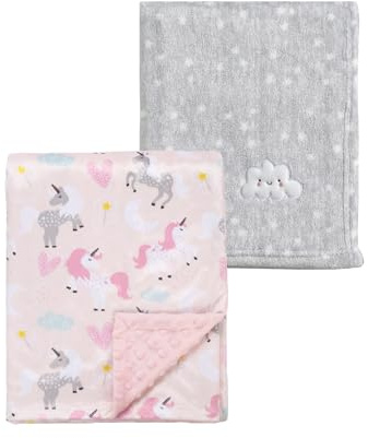 CREVENT 2 Piezas Mantas de bebé de 75cm x 100cm, Lindas, acogedoras, esponjosas y cálidas para bebés y niños pequeños, Ropa de Cama para Cuna, cot, Cochecito - Nube Gris + Unicornio Mink