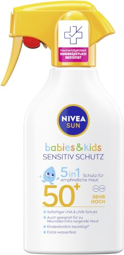 NIVEA SUN Babies & Kids Sensitiv Protection 5 en 1 - Leche solar SPF 50+, loción solar extra resistente al agua en aerosol con SPF 50+, crema solar para niños sin perfume (250 ml)