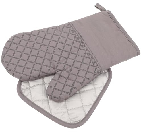 SHINEOFI Heat Resistant Silicone Oven Mitts and Pot Pad Set 30cm Gray Grid Pattern Non-Slip Gloves for Baking Cooking and Grill Protection in Kitchen