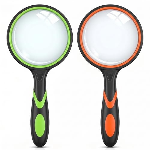 2 PACK Magnifying Glass, 10X Handheld Magnifying Glasses for Reading Magnifier with Non-Slip Soft Rubber, Shatterproof Portable Magnifying Mirror for Seniors Reading, Inspection and Exploring