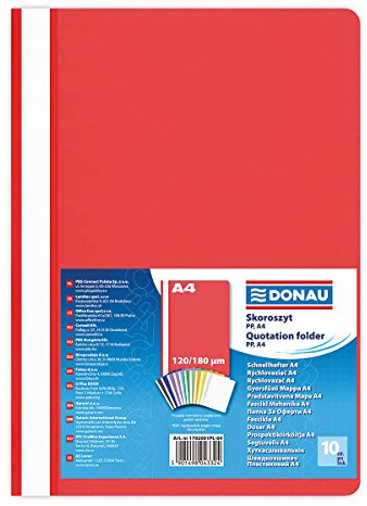 DONAU 1702001PL-04 Plastik Schnellhefter A4 Rot/ Sichthefter Kunststoff aus öko PP-Folie 120/180 µm/ mit transparentem Deckel/ für Büro und Schule/ Fassungsvermögen ca. 200 Blatt | 10er Pack