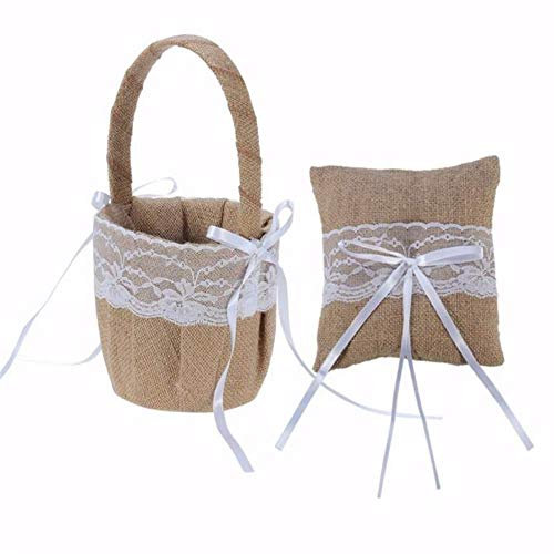 Western-Style Boda Flower Girl Basket&ring Cojín Portador Juego, Vintage Arpillera Encaje Bowknot Novia Boda Cesta Anillo Portador Cojín Soporte, Boda Accesorios Decoración Suministros - B
