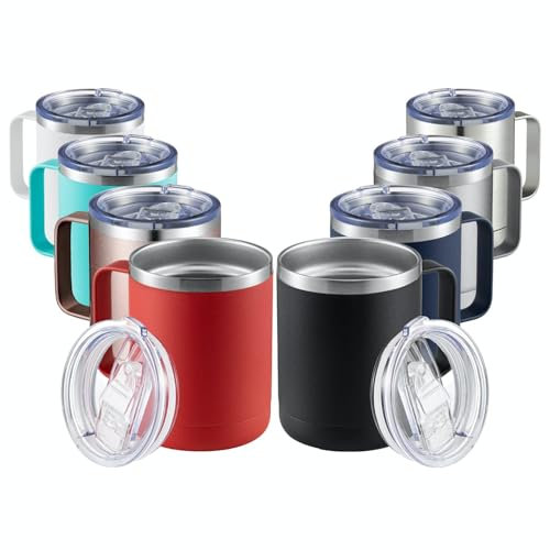 MEWAY 12oz Coffee Mug With Handle 8 Pack Bulk,Stainless Steel Insulated Travel Tumblers With Sliding Lid,Double Wall Vacuum Camping Cup for Hot & Cold Drinks Tea (Set of 8, Mix)