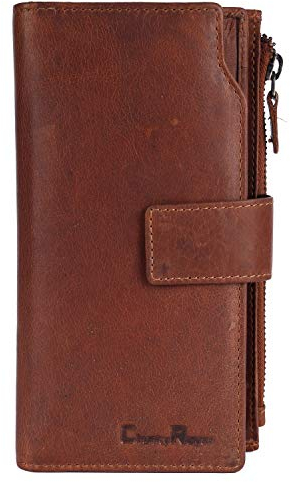 Chunkyrayan Damen Portemonnaie Echtleder XXL RFID Schutz inklusive Leder Schlüsselanhänger P GB-25-Brown