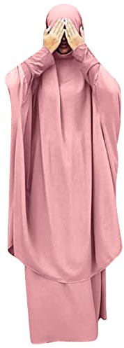 OBEEII Muslimisches Einteiliges Gebetskleid für Damen Abaya Kleid Islamischer Naher Osten Dubai Türkei Maxi Abaya Kaftan mit Hijab Kleid in voller Länge Robe Rosa Einheitsgröße