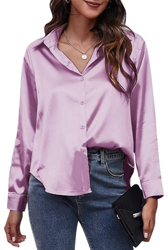 Maeau - Camisas Mujer Camisa de Manga Larga de Seda Simulada Satén Tops Informales Abotonados Blusas de Negocios - Morado - XL