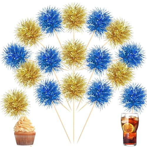 Chinco 100 Pcs Foil Firework Cupcake Toppers Sparkle Tinsel Cake Toppers Cake Decoration Cocktail Fruit Toothpick for Birthday Wedding Graduation Party(Blue, Gold)