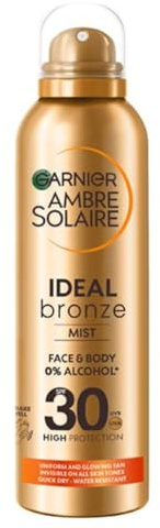 Garnier Ambre Solaire Fake Tan, SPF 30 Ideal Bronze Tanning Mist, For Face & Body, Tan Enhancing, Invisible on All Skin Tones, Quick Dry, Water Resistant, 0% Alcohol, High UV Protection 150ml