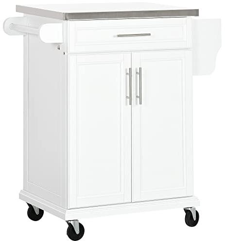 HOMCOM Isla de Cocina Mueble Auxiliar de Cocina Moderno Mueble Buffet Auxiliar con 4 Ruedas 1 Cajón 1 Toallero 1 Especiero y Estante Ajustable 83,5x45,7x90,5 cm Blanco