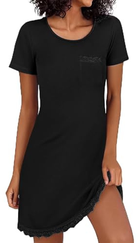 Demegimi Chemise de Nuit Cotton Vêtements de Nuit en Dentelle Robe de Nuit à Manches Courtes Grande Taille Sensuelle Large Robe de Nuit Col en Rond(Noir,M)