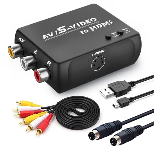 HTDYOO S Video RCA to HDMI Converter with RCA Cable + Svideo Cable + USB Cable, S-Video AV to HDMI Converte Compatible for PAL/NTSC for TV/PC/PS1/PS2/ STB/Xbox/VHS/VCR/DVD