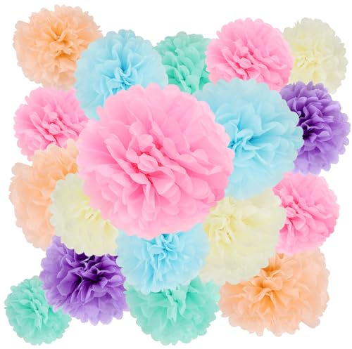 BestoFun 16pc Pastel Party Decorations: Pastel Pom Poms, Paper Flowers for Wedding, Birthday, Engagement, Bridal Shower