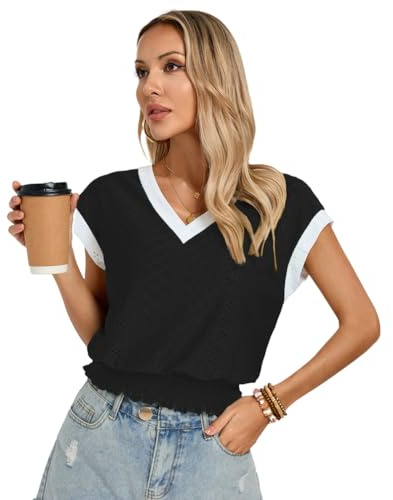 Kate Kasin Blusa de manga corta con cuello en V para mujer, con textura, dobladillo fruncido, cintura elástica, informal, para el verano, Negro, XL