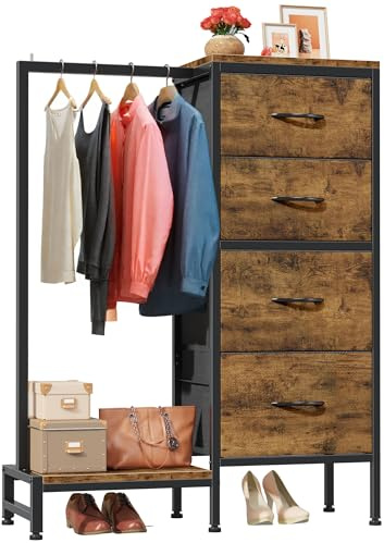 HIGDBFE Dresser with Hanging Rack, 4 Drawers Small Closet for Bedroom, Reversible Fabric Kids Chest of Drawers with Clothes Rack, Tall Storage Tower, Sturdy Frame, Rustic Brown, 44''H