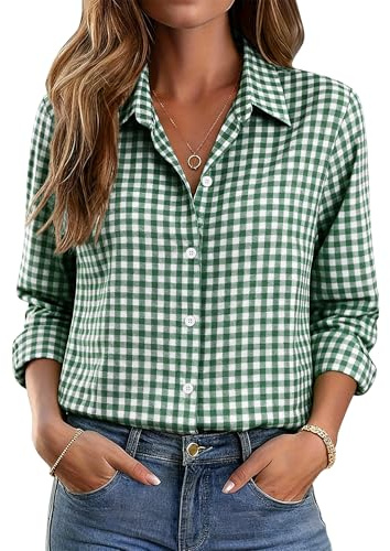 Rapbin Dress Shirt for Women Button Down Up Long Sleeve Blouses Casual Collared Cotton Western Outfits (Dark Green Plaid,Large)