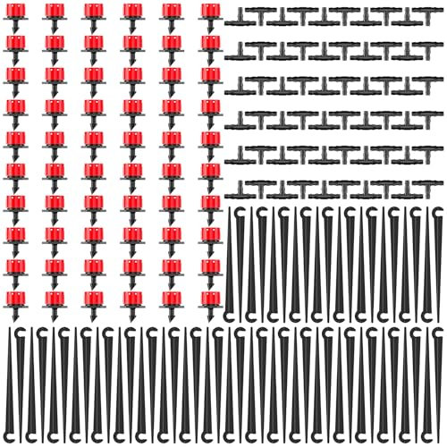 Forever Speed 180PCS Kit D'irrigation de Goutte Jardin, 60 Embout de Goutte à Goutte Réglable + 60 Connecteurs en T + 60 Ancrage au Sol pour Tuyau D'arrosage pour Jardin Pelouse Serre Plantes - Rouge
