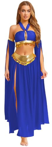 RUNQHUI Femme Costume Danse Orientale Métallique Brillant Robe Danse du Ventre Ensemble Danseuse Oriental Spectacle Tenue Halloween Carnaval Bleu S