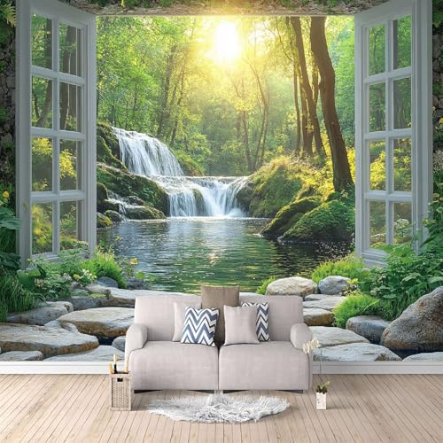 Papel Pintado 3D Lago Con Cascada En El Bosque 400x280 cm Fotomurales Tejido No Tejido, Fuera De La Ventana Papel Tapiz Grande Murales Fotográfico Moderno Decoración de Paredes