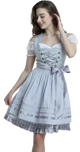Dirndl da Donna Midi con Grembiule Abito Donna Dirndl Bavaria Oktoberfest Set 3 Pezzi Donne Halloween Signore Adulti Abiti Vestiti Oktoberfest Domestica Costume Cosplay Vestito (Light Gray, M)