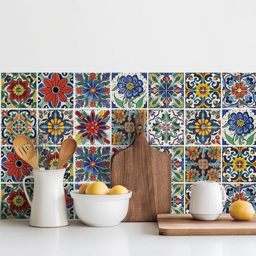 30 Pezzi Piastrelle Adesive, Mattonelle Adesive Cucina e Bagno Impermeabili, Peel and Stick wall Tiles in Vinile, Mosaico muro Piastrelle Adesivi Decorativi, Motivo Floreale Mediterraneo, 10x10 cm