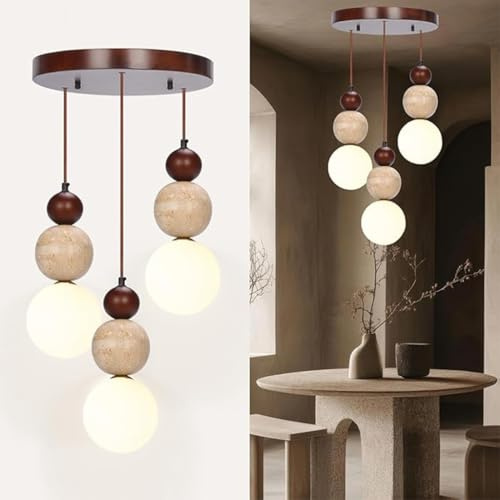 TMKOO Wabi Sabi 3-ljusig Taklampa Travertin Sten Fixture Japandi Japansk Nordisk Stil Sfärisk Trä Kronleuchter För Kökisetter Matsal Vardagsrum(B)