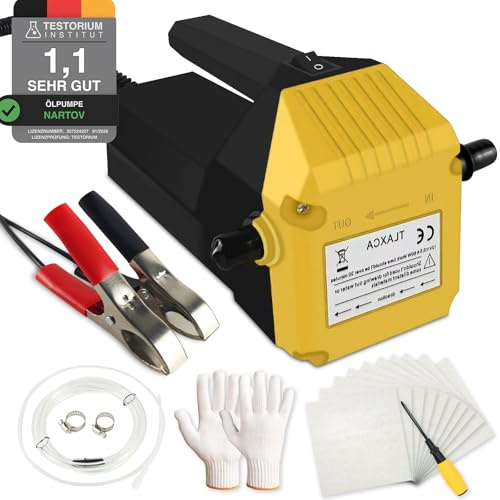 VKE 12V 80W Pompa Aspira Olio Motore, Pompa Olio Motore con Impugnatura Antiscottatura, Pompa Estrattore Aspirazione Olio Include Tubo, Guanti Protettivi e 10 Panni assorbenti per Olio (Giallo)