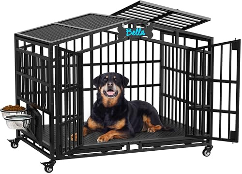 AMLANCHER 105cm XL Large Dog Crate Furniture, Heavy-Duty Extra-Thick Metal Indoor Dog Kennel with 2 Adjustable Bowls & Name Tag, Open Top & Lockable Wheels, Chew & Escape-Proof – 105x72x87cm