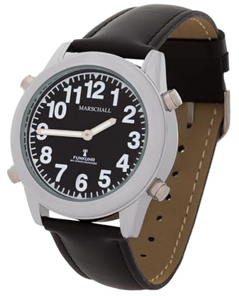 Marschall Deutsch sprechende Herren Armbanduhr I 1136SL I Funkarmbanduhr I Für Blinde, Senioren und Sehbehinderte I Datum- und Zeitansage I Extra große Zeiger I Schwarzes Lederarmband