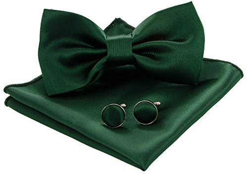 JEMYGINS Fliege Herren Dunkelgrün 3 Satin Zweifach Gefaltet und Einstecktuch mit Manschettenknöpfe Sets(15)