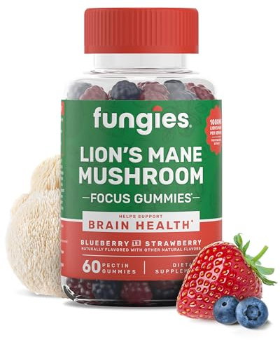 Fungies Lion'S Mane Mushroom Brain Health Lot de 60 gommes pour la concentration, la mémoire et l'humeur (parfum naturel de myrtille et de fraise, sans gélatine, sans gluten, sans omg, végétalien)