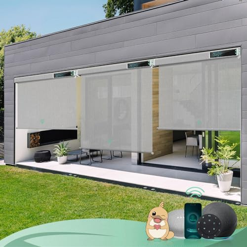 Yoolax Elektrische Außenrollo Senkrechtmarkise Balkonrollo mit Fernbedienung, Kompetibel mit Alexa Google Home, Sonnenschutz/Wetterfest/Anti-UV Außen Elektrische Rollo für Garten, Nach Maß (Grau)