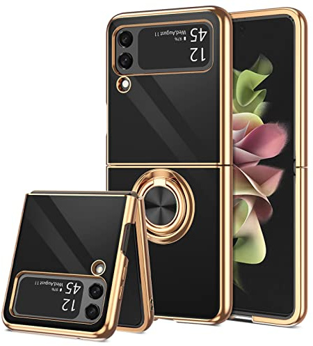 BENTOBEN for Samsung Galaxy Z Flip 3 5G Case with Ring, Phone case for Galaxy Z Flip 3, Holder Edge Plating Rotation Stand Soft Silicone Slim Flexible Shockproof Protective Cover for Z Flip 3, Black