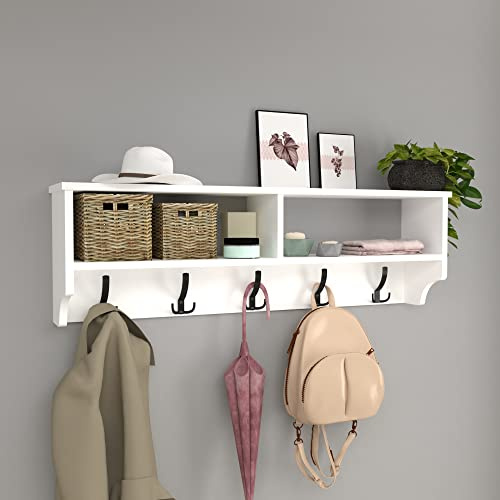 [en.casa] Perchero Mural Mueble de Entrada con 5 Ganchos Triples y 2 Compartimientos para Recibidor Aglomerado/Plástico 120 x 22 x 37 cm - Blanco