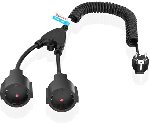 Verlängerungskabel Spiralleitung, 1 bis 2 Schutzkontakt Spiralkabel Dehnbar von 0,9M bis 3M Max, IP20 Verlängerungsleitung mit 2-Fach Steckdosen, Doppel Schuko Stecker 3 x 1,0 mm² (230V/16 A), Schwarz