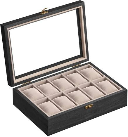 SONGMICS Uhrenbox mit 10 Fächern, Uhrenkasten aus Massivholz, mit Glasdeckel, Uhrenkissen, Geschenk für Ihre Liebsten, ebenholzschwarz JOW100B01