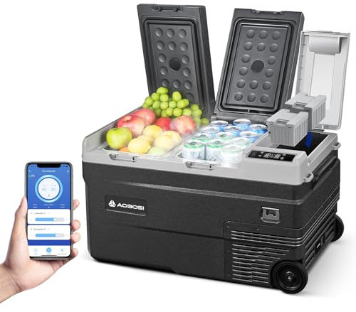AAOBOSI Kompressor Kühlbox 34L, Kühlbox Auto 2 in 1 Doppelzone bis -20 °C, Tragbar Kühlbox 12v 230v mit Digitale Temperaturregelung, App-Steuerung, Anti-Shake, für Camping, Lkw, Boot, Reisemobil