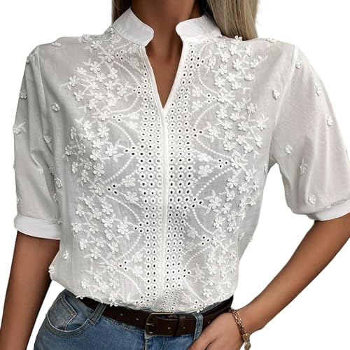 Blusa de Encaje con Bordado Floral de Verano para Mujer, Camisa Informal con Cuello de Pico, Pantalones Cortos Elegantes, Tops calados de Manga Elegante