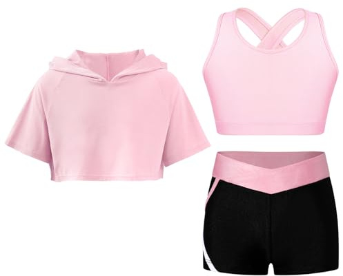 Alvivi Ensemble De Sport Danse Enfant Fille Sweat à Capuche Manches Courtes Haut Et Short De Sport Fitness Gymnastique 5-16 Ans A Rose 7-8 ans