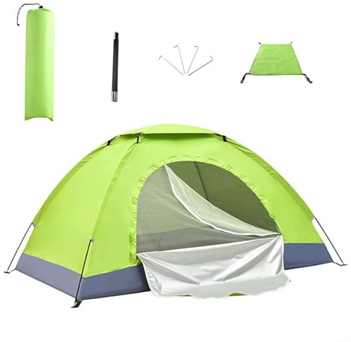 Tente de camping en tissu Oxford, pour installation INSTANTANÉE, légère et portable, pour randonnée pédestre avec sac à dos, design à double porte, ventilation optimale (2 personnes, vert)
