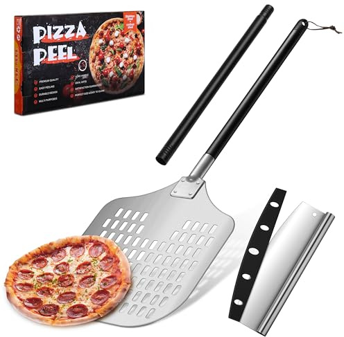 12 Inch Perforated Pizza Peel Aluminum Pizzas Spatula, Joyfair Metal Pizza Paddle with Rocker Cutter Pizza Oven Accessories Turning Tool Set, 38.5”- 49” Long Detachable Handles (Painted Handle)