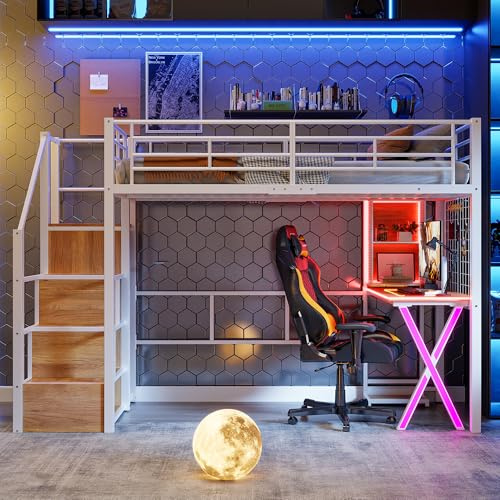 Moimhear Cama Alta, con Luces LED, Escalera de almacenaje, Escritorio, Armario, estanterías, sin colchón (Blanco, 90x200cm)