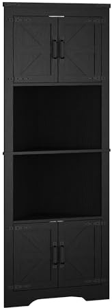 Panana Tall Corner Bathroom Cabinet, Freestanding Farmhouse Storage Cabinet with 4 Barn Doors and Adjustable Shelves Wooden Space Saver Storage Cupboard for Bathroom, Kitchen, Living Room (Black)