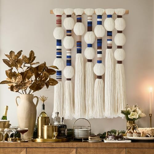 Flber Macrame Wall Hanging Woven Blue Handmade Cotton Yarn with Ball-shaped Tassels Geometric Boho Wall Decor for Bedroom & Living Room 15.7 Wx 21.6 L