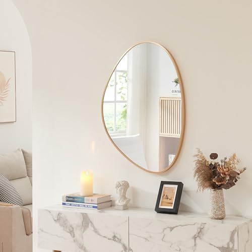[en.casa] Miroir Mural Moderne Installation Horizontale ou Verticale avec Reflet Clair et sans Distorsion Cadre en Forme de Goutte Intemporel Salon Chambre Salle de Bains Couloir MDF 75 x 53 cm Or