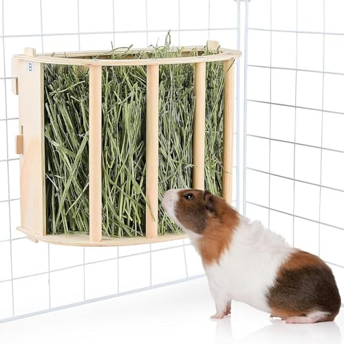 Comedero de heno de madera para conejos y cobayas, estante de heno de gran capacidad, soporte natural para heno para chinchillas, conejitos y animales pequeños, mantiene el heno ordenado y organizado