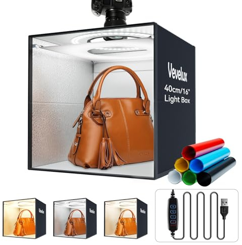 16x16 40cm Portable Light Box Photo Studio with 120 LEDs, 3 Color Temperatures (3200K/4400K/5600K), 6 PVC Backdrops & Diffuser – Foldable Shooting Tent for Product Photography