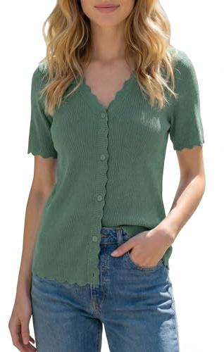 Newshows Women's Cardigans Summer Short Sleeve Cropped Cardigan Ladies Button Up Bolero Sweater Tops Dark Green,L