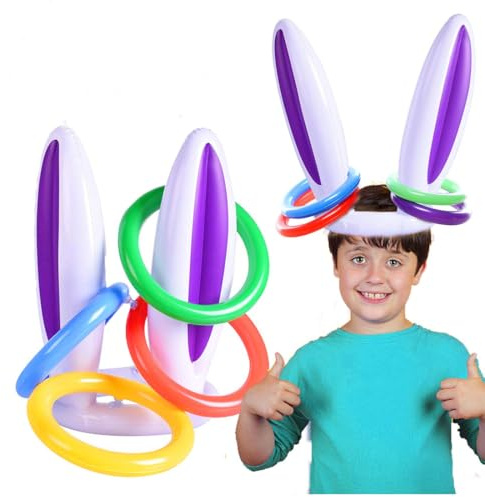YIPFEN Juego de lanzamiento de anillos inflables con orejas de conejo (1 set/4), coloridos, juguetes de regalo reutilizables para fiestas, niños, familia, suministros de carnaval