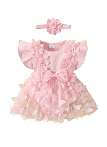 JiAmy Baby Girl Romper Dress Headband Butterfly 3-6M, Pink