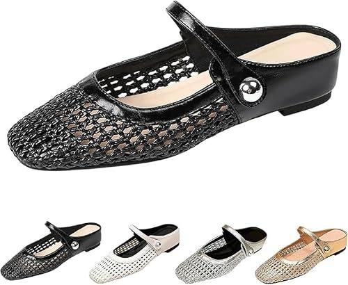 GHTRHSB Mary Jane Mules plates tissées à bout carré pour femme en maille creuse décontractées mocassins dos nu à bout fermé doux à enfiler